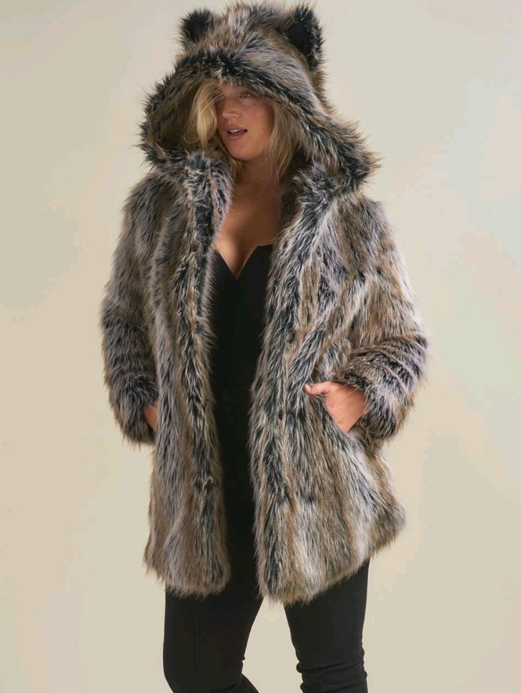 Spirithoods Grey Wolf Faux Fur Coat With Ears Women's Size Small